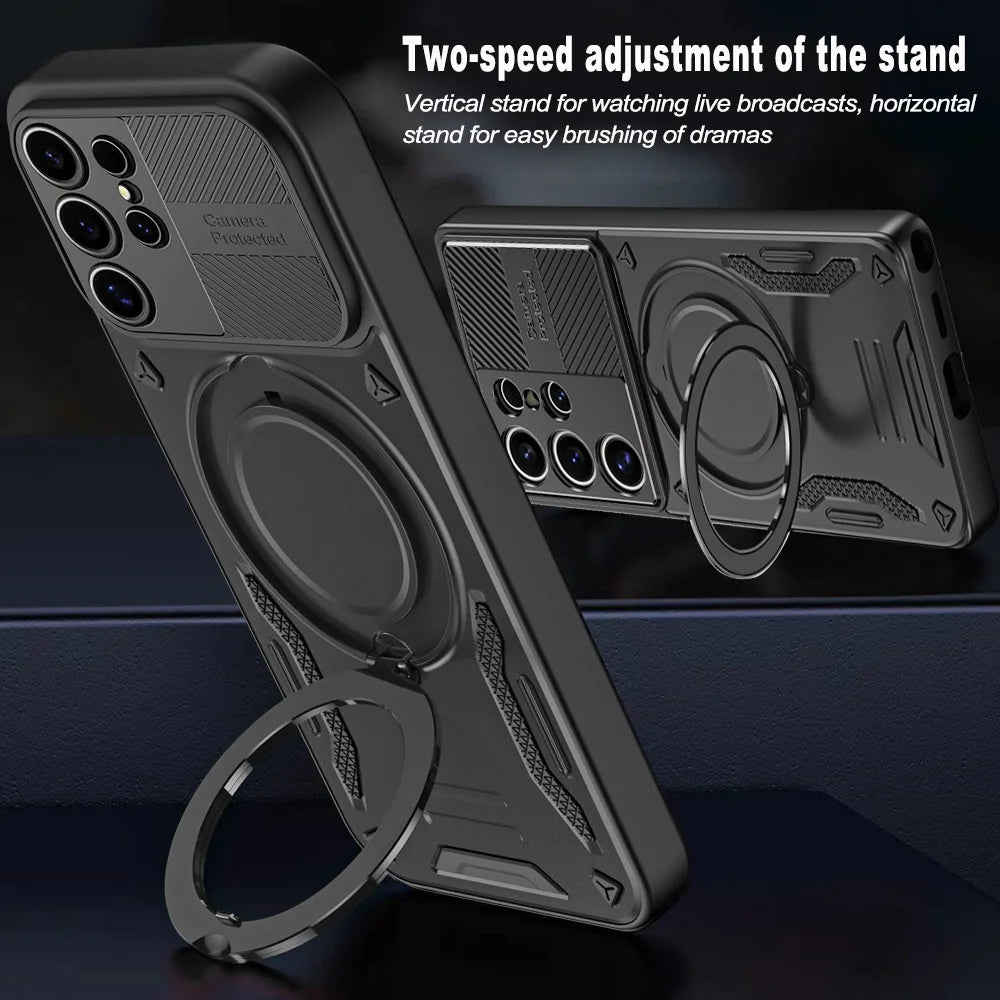 For Samsung Galaxy S23 Ultra Magnetic Case Shockproof TPU + PC Phone Back Cover with Kickstand - Black - 4