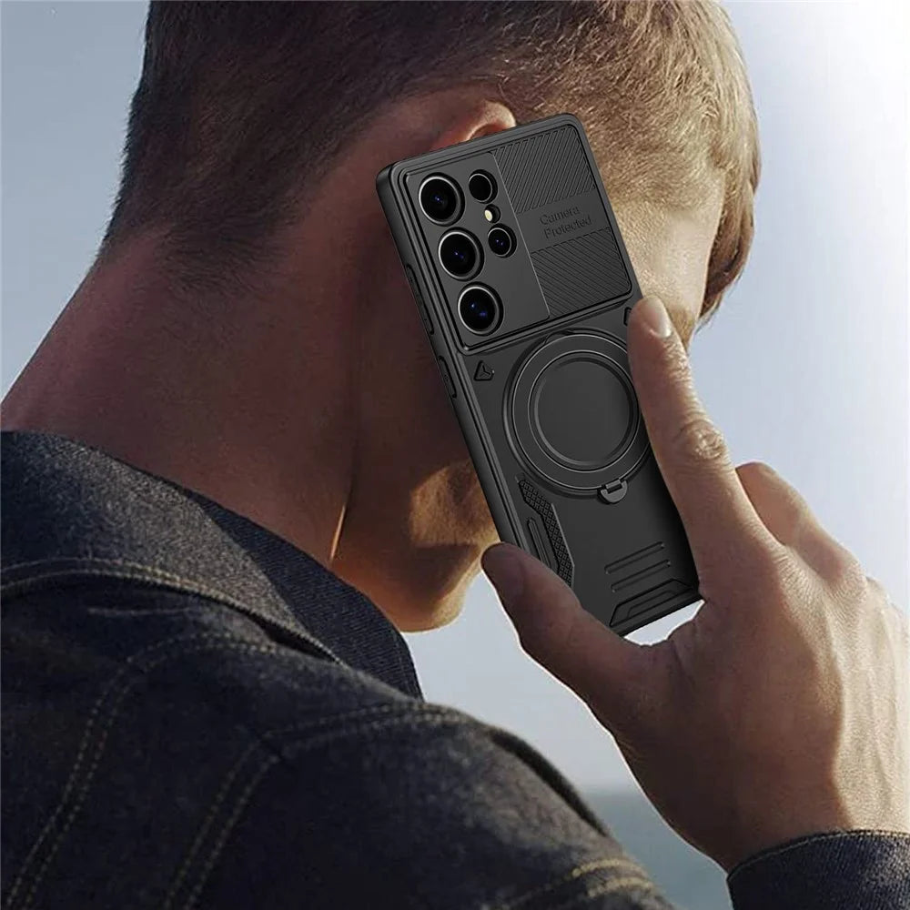 For Samsung Galaxy S23 Ultra Magnetic Case Shockproof TPU + PC Phone Back Cover with Kickstand - Black - 7