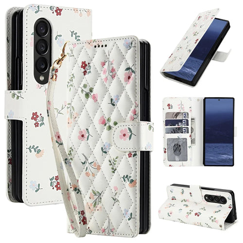 For Samsung Galaxy Z Fold4 5G Wallet Case Rhombic Floral Design Leather Flip Phone Cover with Strap - A1 - 1