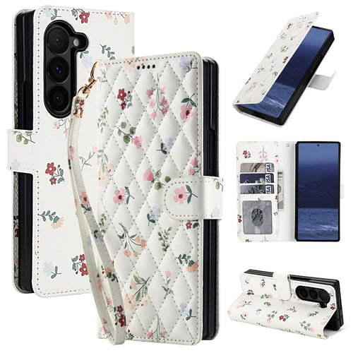 For Samsung Galaxy Z Fold5 5G Wallet Case Rhombic Floral Design Leather Flip Phone Cover with Strap - A1 - 1
