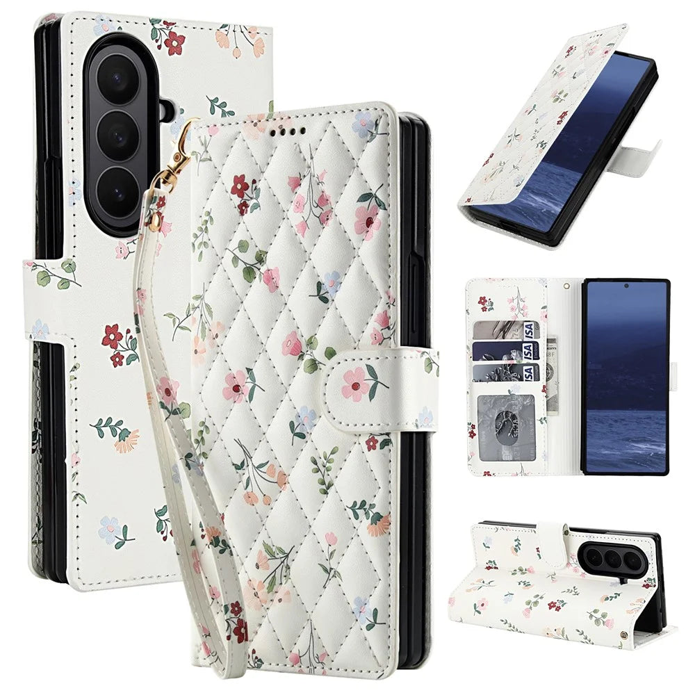 For Samsung Galaxy Z Fold7 5G Wallet Case Rhombic Floral Design Leather Flip Phone Cover with Strap - A1 - 1