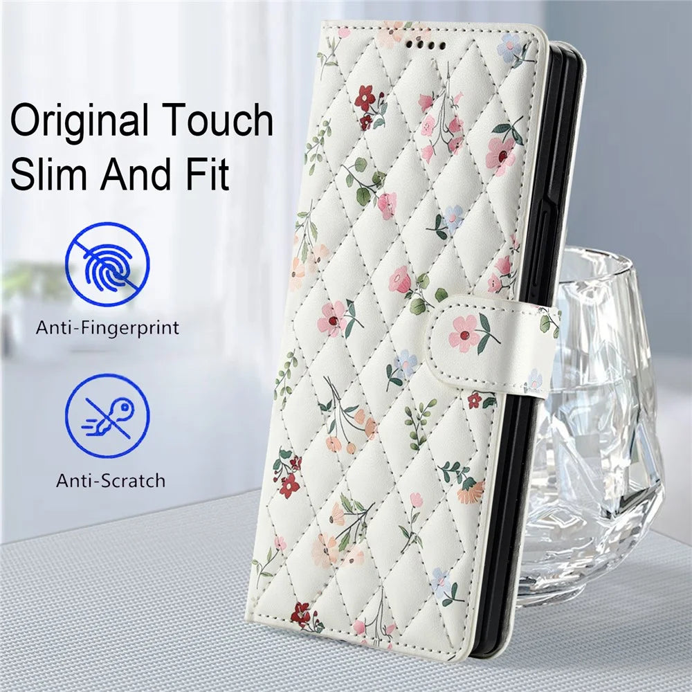 For Samsung Galaxy Z Fold7 5G Wallet Case Rhombic Floral Design Leather Flip Phone Cover with Strap - A1 - 7