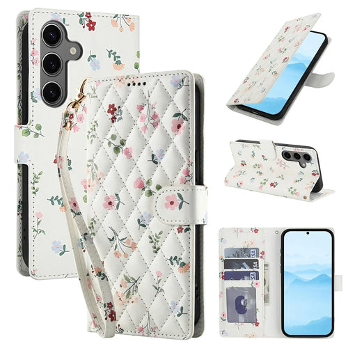 For Samsung Galaxy S26+ Wallet Case Rhombic Floral Design Leather Flip Phone Cover with Strap - A1 - 1