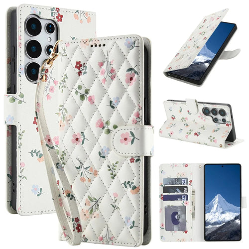 For Samsung Galaxy S26 Ultra Wallet Case Rhombic Floral Design Leather Flip Phone Cover with Strap - A1 - 1