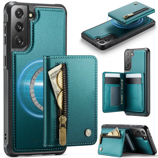 JEEHOOD For Samsung Galaxy S21+ 5G Case  J12 Magnetic Detachable Zipper Wallet Kickstand Leather Back Cover Magnetic Case - Blue - 1