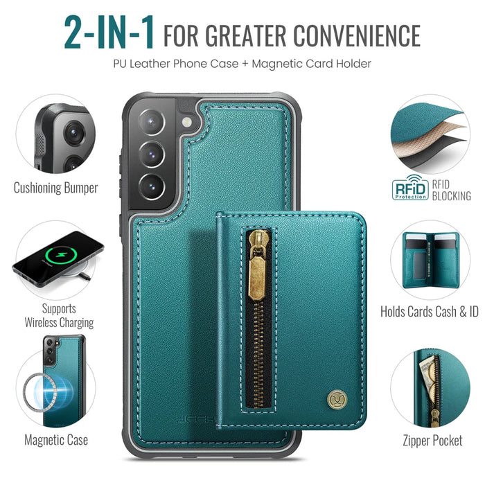JEEHOOD For Samsung Galaxy S21+ 5G Case  J12 Magnetic Detachable Zipper Wallet Kickstand Leather Back Cover Magnetic Case - Blue - 2