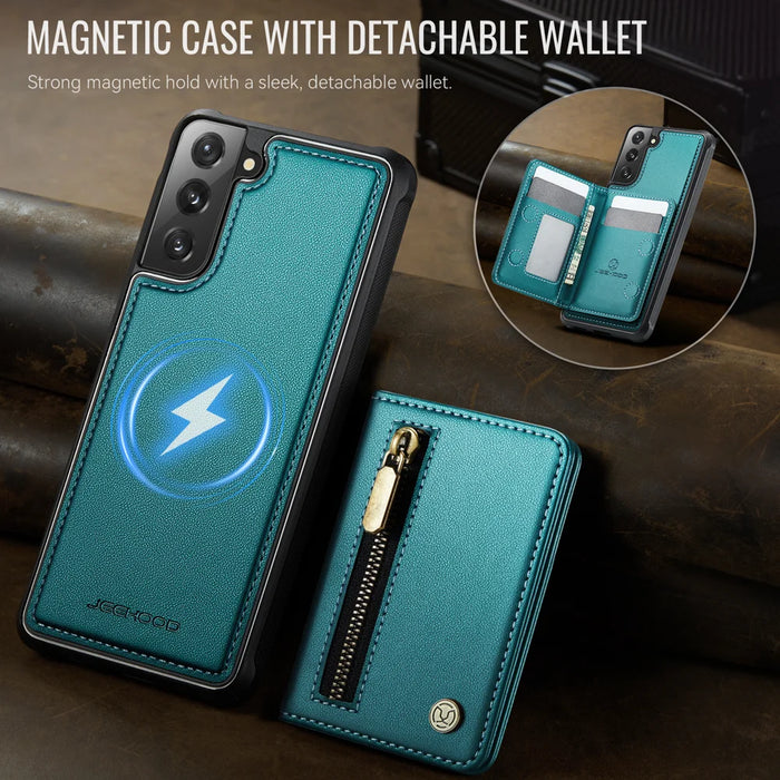 JEEHOOD For Samsung Galaxy S21+ 5G Case  J12 Magnetic Detachable Zipper Wallet Kickstand Leather Back Cover Magnetic Case - Blue - 4