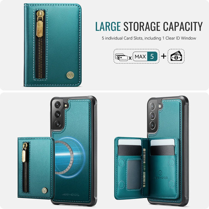 JEEHOOD For Samsung Galaxy S21+ 5G Case  J12 Magnetic Detachable Zipper Wallet Kickstand Leather Back Cover Magnetic Case - Blue - 5
