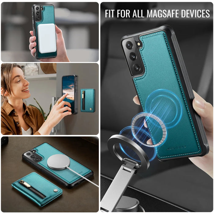 JEEHOOD For Samsung Galaxy S21+ 5G Case  J12 Magnetic Detachable Zipper Wallet Kickstand Leather Back Cover Magnetic Case - Blue - 6