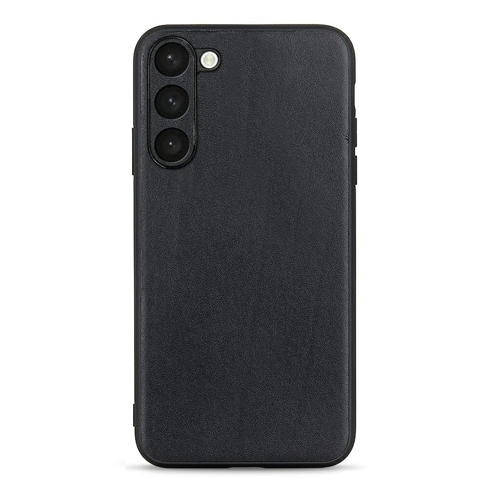 Anti-fall Phone Case For Samsung Galaxy S23 Textured Genuine Leather Coated TPU Protective Phone Cover - Black - 1