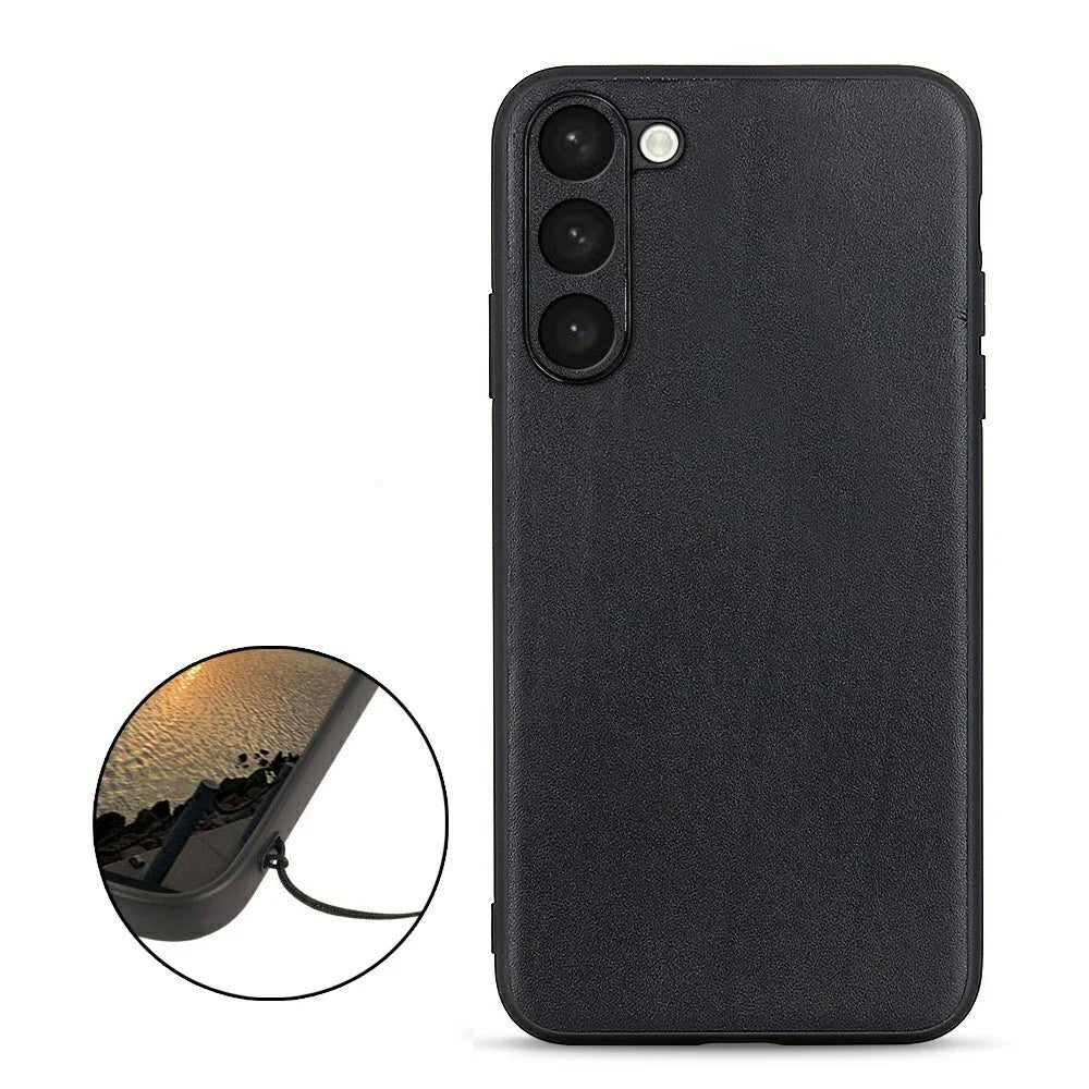 Anti-fall Phone Case For Samsung Galaxy S23 Textured Genuine Leather Coated TPU Protective Phone Cover - Black - 2