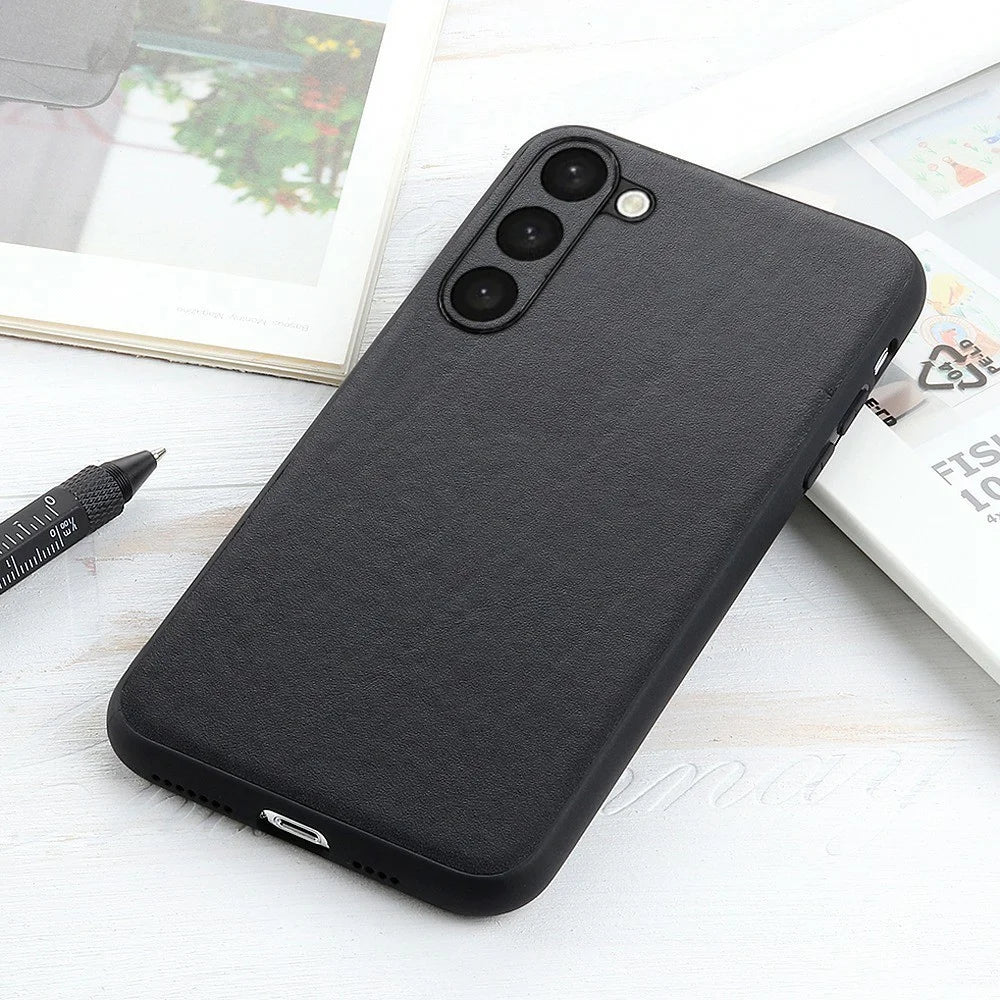 Anti-fall Phone Case For Samsung Galaxy S23 Textured Genuine Leather Coated TPU Protective Phone Cover - Black - 3