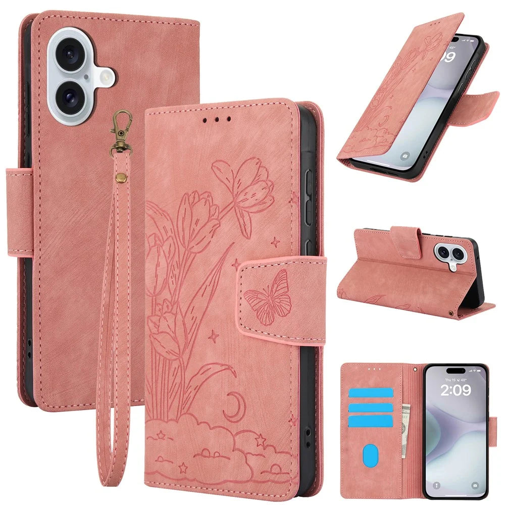 SY-001 For iPhone 17 Case Flower Butterfly Leather Wallet Phone Cover with Hand Strap - Pink - 1