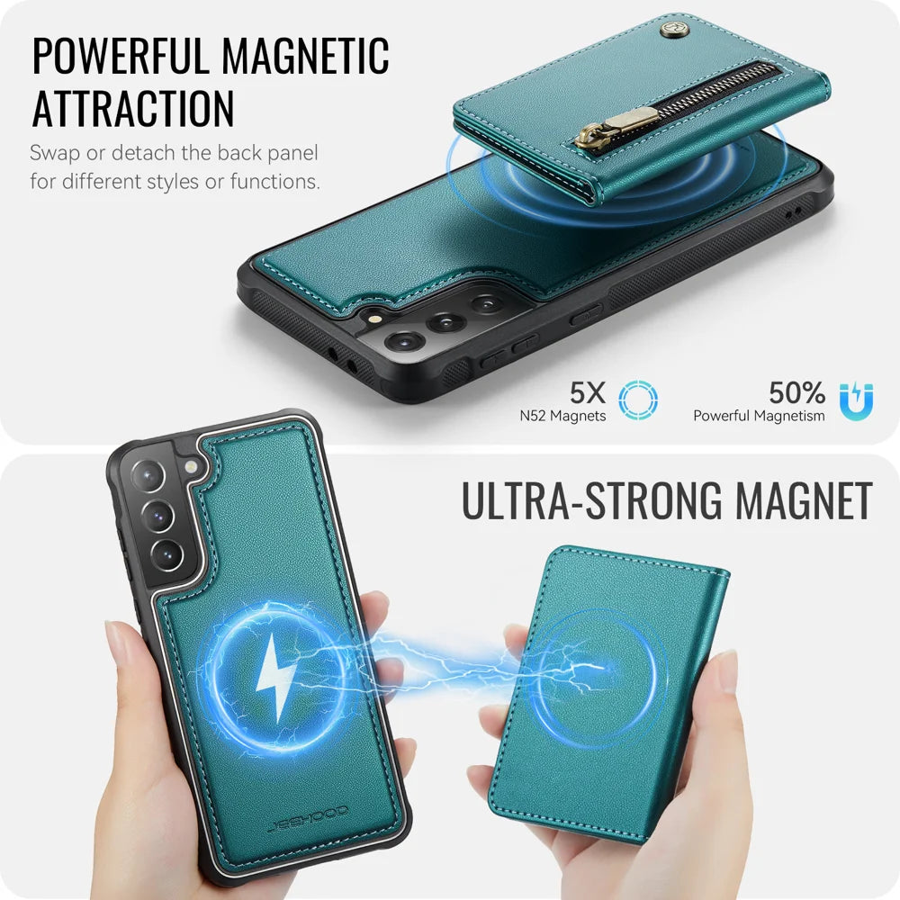 JEEHOOD For Samsung Galaxy S21 5G Case  J12 Magnetic Detachable Zipper Wallet Kickstand Leather Back Cover Magnetic Case - Blue - 3
