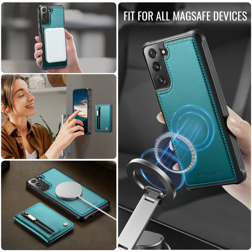 JEEHOOD For Samsung Galaxy S21 5G Case  J12 Magnetic Detachable Zipper Wallet Kickstand Leather Back Cover Magnetic Case - Blue - 6