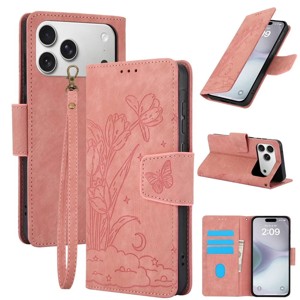 For iPhone 18 Pro / 17 Pro Case Flower Butterfly Leather Wallet Phone Cover with Hand Strap - Pink - 1