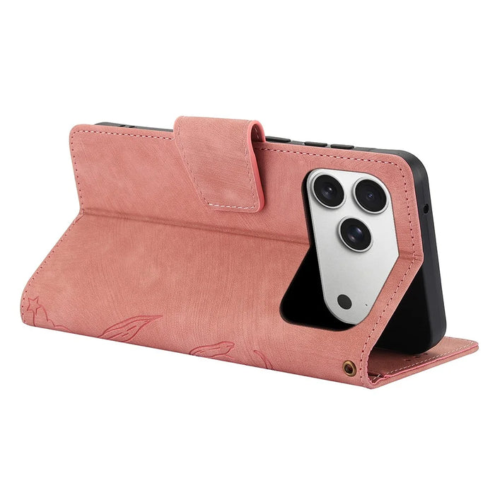 For iPhone 18 Pro / 17 Pro Case Flower Butterfly Leather Wallet Phone Cover with Hand Strap - Pink - 3