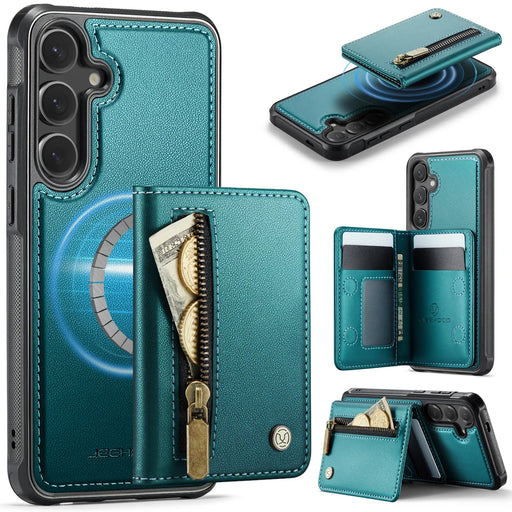 JEEHOOD For Samsung Galaxy S24 Case  J12 Magnetic Detachable Zipper Wallet Kickstand Leather Back Cover Magnetic Case - Blue - 1