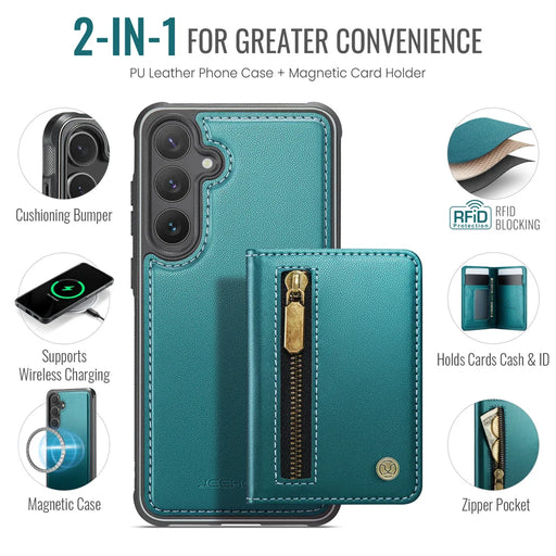JEEHOOD For Samsung Galaxy S24 Case  J12 Magnetic Detachable Zipper Wallet Kickstand Leather Back Cover Magnetic Case - Blue - 2