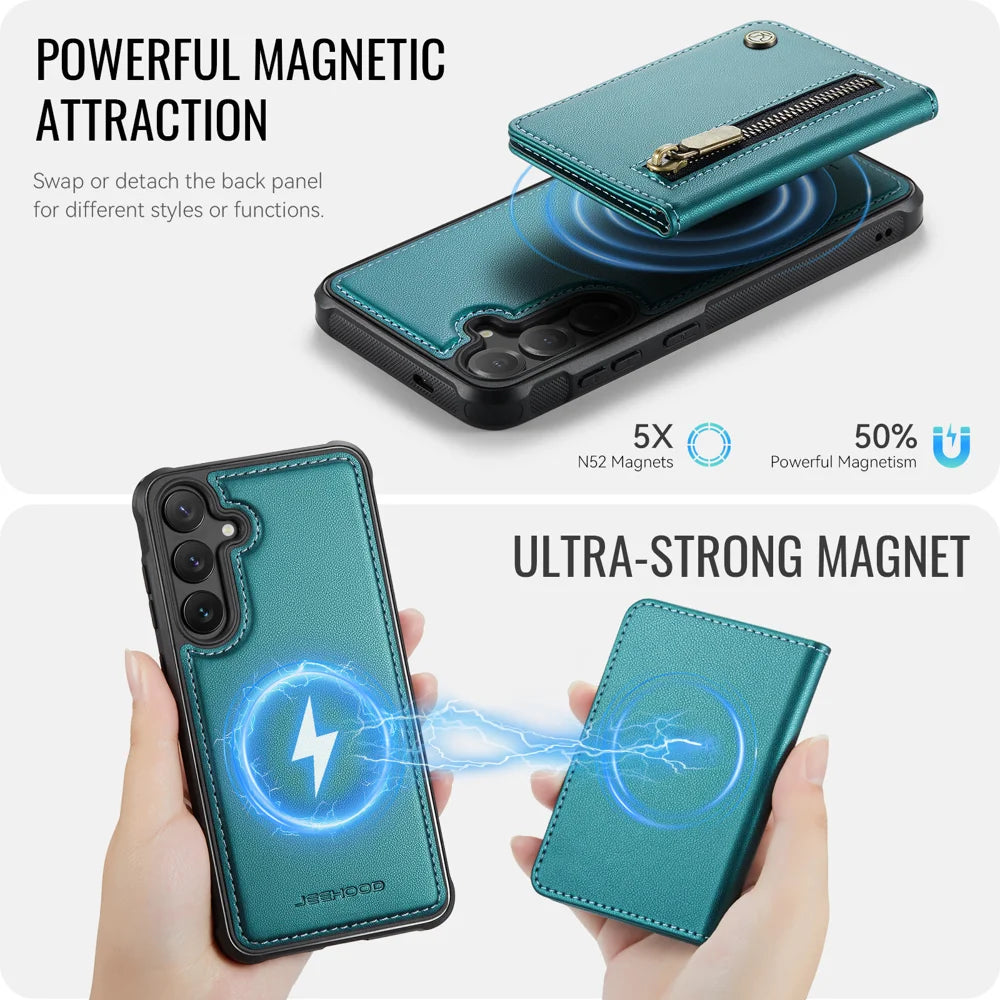 JEEHOOD For Samsung Galaxy S24 Case  J12 Magnetic Detachable Zipper Wallet Kickstand Leather Back Cover Magnetic Case - Blue - 3