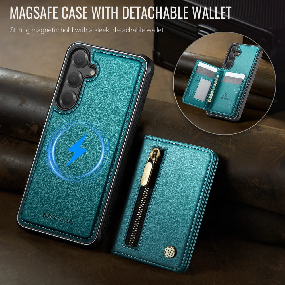 JEEHOOD For Samsung Galaxy S24 Case  J12 Magnetic Detachable Zipper Wallet Kickstand Leather Back Cover Magnetic Case - Blue - 4