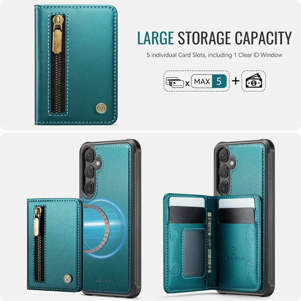 JEEHOOD For Samsung Galaxy S24 Case  J12 Magnetic Detachable Zipper Wallet Kickstand Leather Back Cover Magnetic Case - Blue - 5