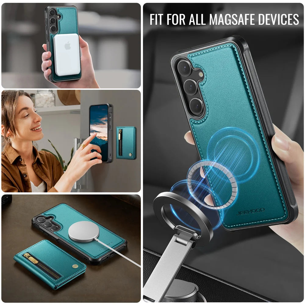 JEEHOOD For Samsung Galaxy S24 Case  J12 Magnetic Detachable Zipper Wallet Kickstand Leather Back Cover Magnetic Case - Blue - 6