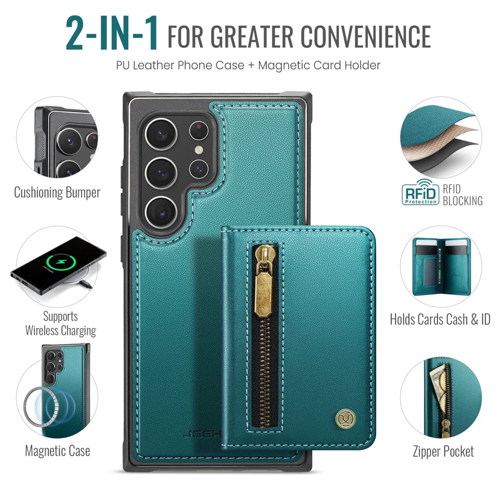 JEEHOOD For Samsung Galaxy S22 Ultra 5G Case  J12 Magnetic Detachable Zipper Wallet Kickstand Leather Back Cover Magnetic Case - Blue - 2