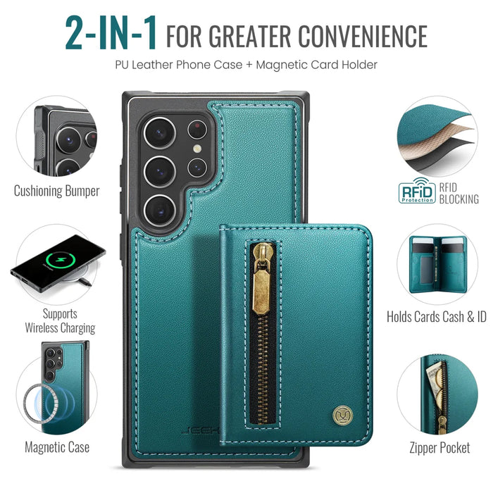JEEHOOD For Samsung Galaxy S22 Ultra 5G Case  J12 Magnetic Detachable Zipper Wallet Kickstand Leather Back Cover Magnetic Case - Blue - 2
