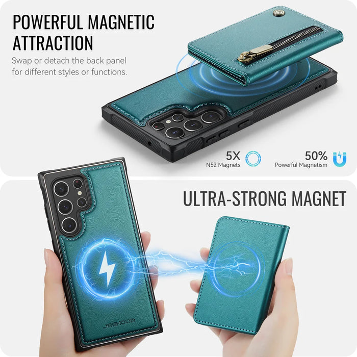 JEEHOOD For Samsung Galaxy S22 Ultra 5G Case  J12 Magnetic Detachable Zipper Wallet Kickstand Leather Back Cover Magnetic Case - Blue - 3