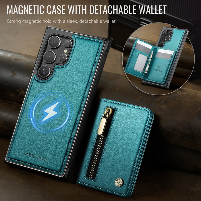 JEEHOOD For Samsung Galaxy S22 Ultra 5G Case  J12 Magnetic Detachable Zipper Wallet Kickstand Leather Back Cover Magnetic Case - Blue - 4