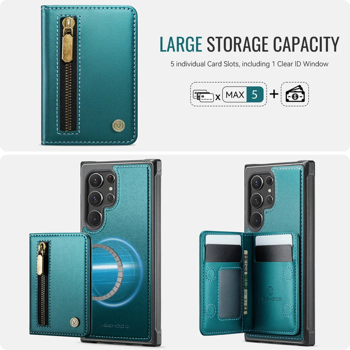 JEEHOOD For Samsung Galaxy S22 Ultra 5G Case  J12 Magnetic Detachable Zipper Wallet Kickstand Leather Back Cover Magnetic Case - Blue - 5