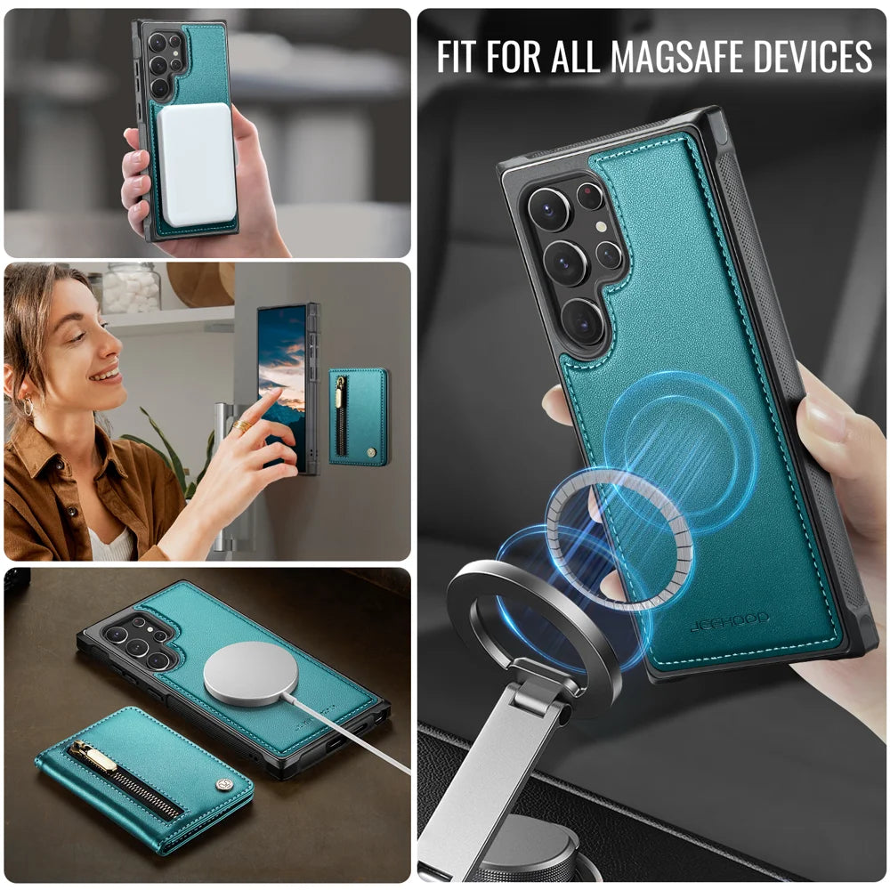 JEEHOOD For Samsung Galaxy S22 Ultra 5G Case  J12 Magnetic Detachable Zipper Wallet Kickstand Leather Back Cover Magnetic Case - Blue - 6