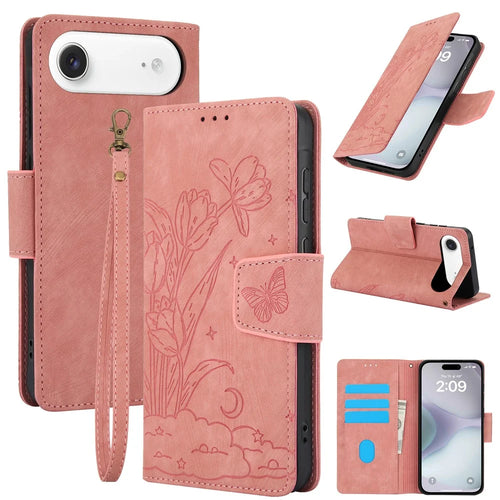 SY-001 For iPhone Air Case Flower Butterfly Leather Wallet Phone Cover with Hand Strap - Pink - 1