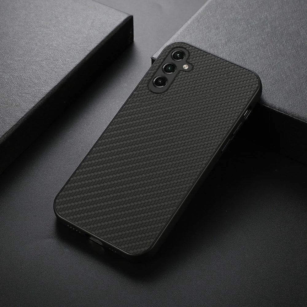 For Samsung Galaxy A14 5G / A14 4G Carbon Fiber Texture Phone Case PU Leather Coated TPU Scratch-resistant Mobile Phone Back Cover - Black - 3