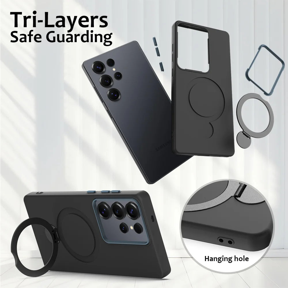 For Samsung Galaxy S25 Ultra Phone Case with Rotating Ring Kickstand TPU + PC Back Cover - Black - 6