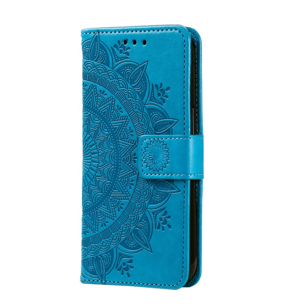 For Samsung Galaxy S26+ Stand Case Imprinted Totem PU Leather Wallet Phone Cover with Wrist Strap - Blue - 5