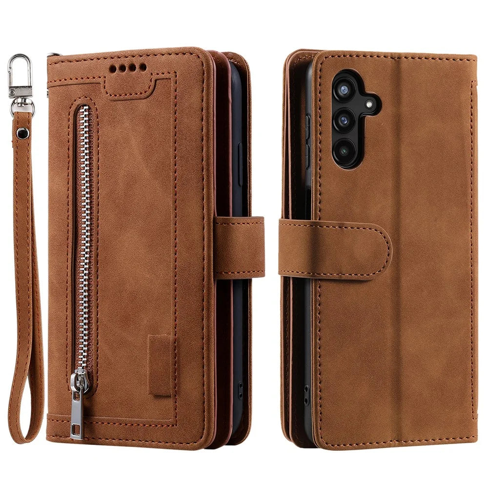 For Samsung Galaxy S26+ Case 9 Card Slots Zipper Wallet PU Leather Phone Cover with Wrist Strap - Brown - 1
