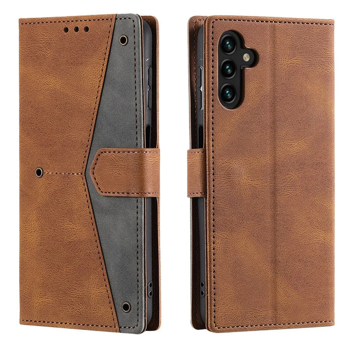 For Samsung Galaxy S26+ Leather Case Splicing Stitching Wallet Phone Cover with Wrist Strap - Brown - 1