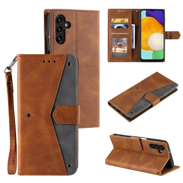 For Samsung Galaxy S26+ Leather Case Splicing Stitching Wallet Phone Cover with Wrist Strap - Brown - 5
