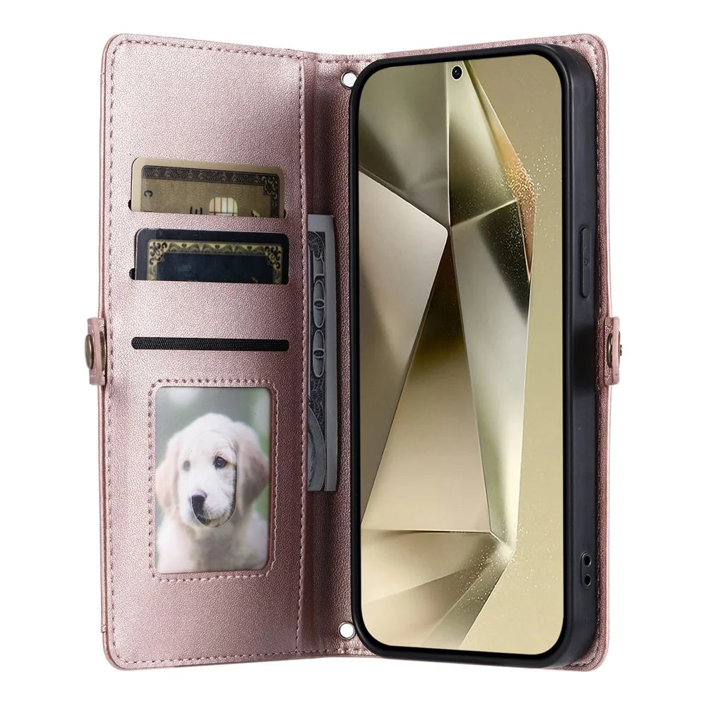 For Samsung Galaxy S26+ Leather Case with Wrist Strap Wallet Stand Phone Cover - Rose Gold - 3