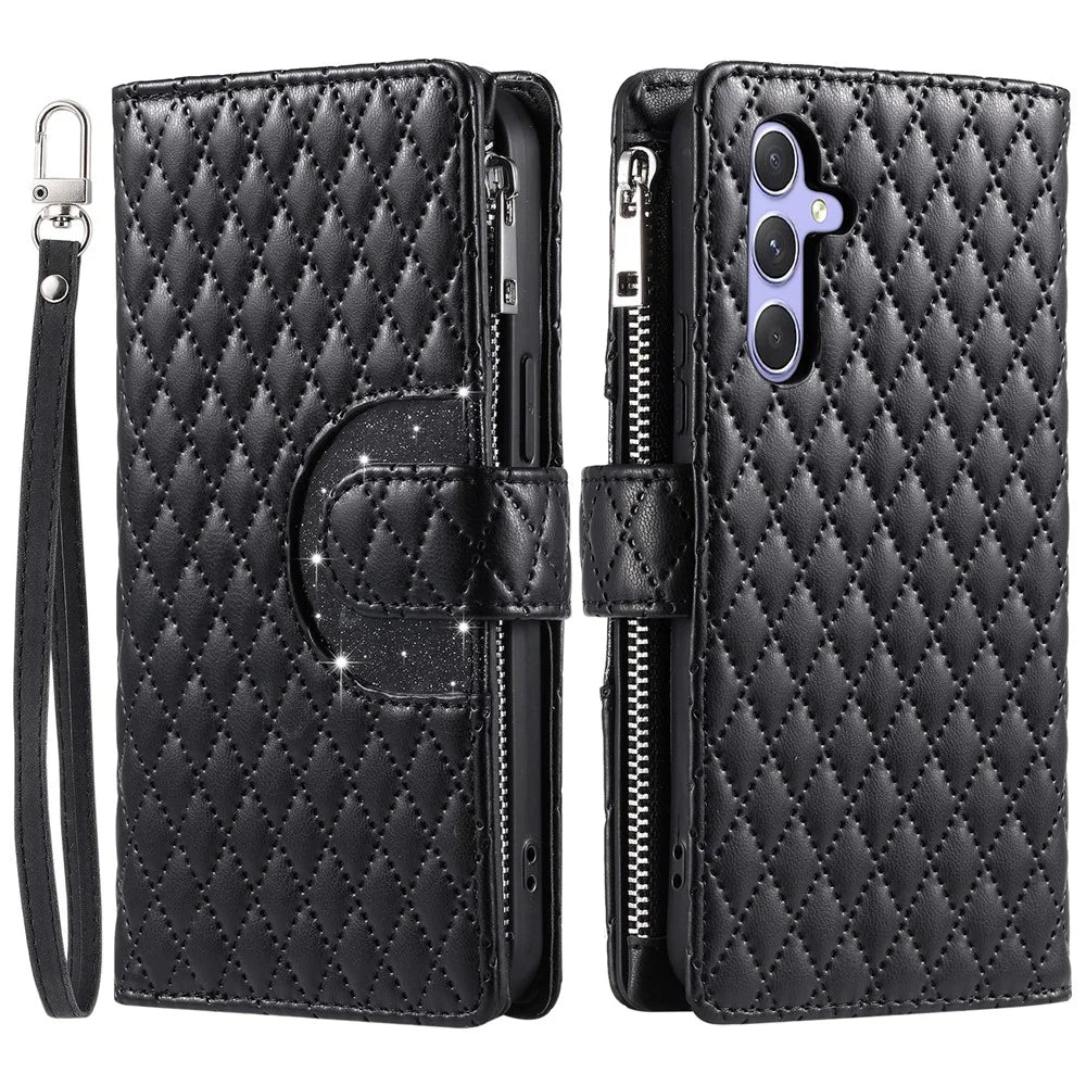 For Samsung Galaxy S26+ Case Zipper Pocket Glitter Leather Phone Cover with Wrist Strap - Black - 1