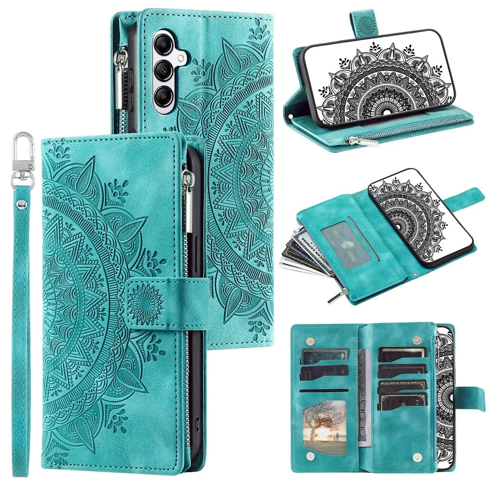 For Samsung Galaxy S26+ Wallet Case Mandala Flower Pattern PU Leather Phone Cover with Wrist Strap - Mint Green - 1
