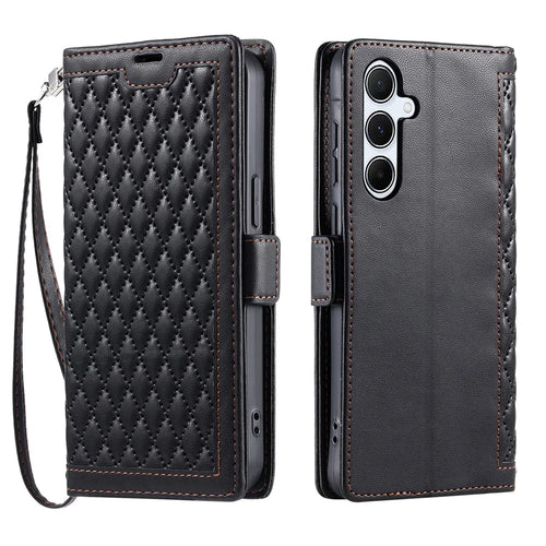 For Samsung Galaxy S26+ Leather Case Rhombus Texture Wallet Stand Phone Cover with Wrist Strap - Black - 1