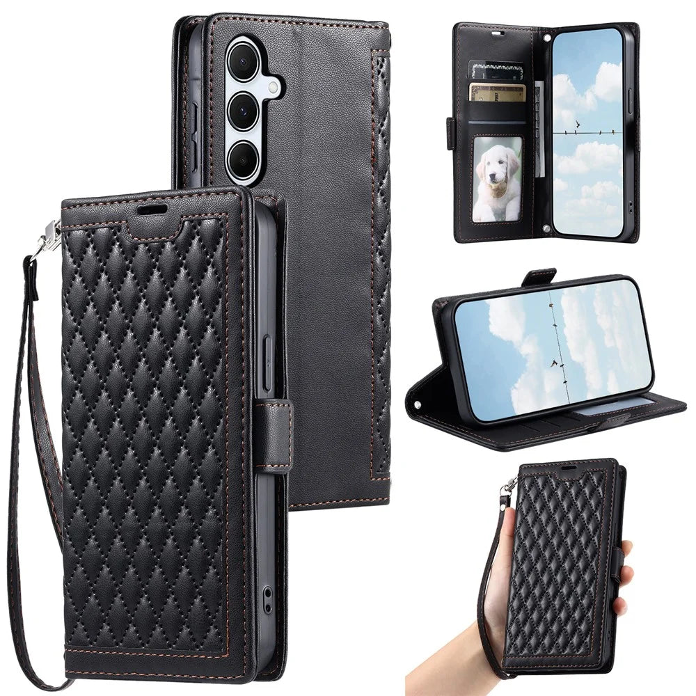 For Samsung Galaxy S26+ Leather Case Rhombus Texture Wallet Stand Phone Cover with Wrist Strap - Black - 6