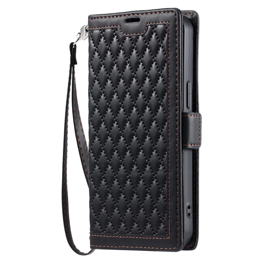 For Samsung Galaxy S26+ Leather Case Rhombus Texture Wallet Stand Phone Cover with Wrist Strap - Black - 7