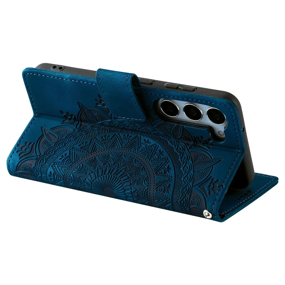 For Samsung Galaxy S26+ Case Imprinted Totem Skin Feel Wallet Leather Phone Cover with Hand Strap - Blue - 4