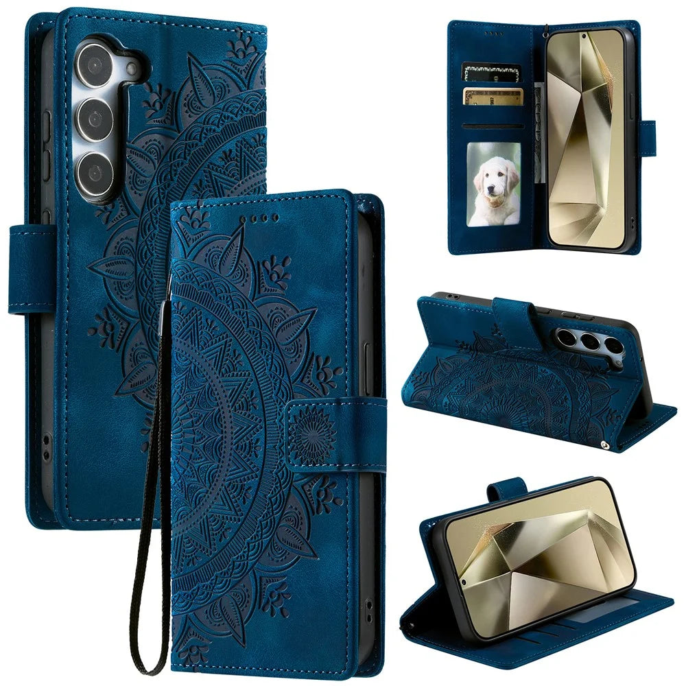 For Samsung Galaxy S26+ Case Imprinted Totem Skin Feel Wallet Leather Phone Cover with Hand Strap - Blue - 7