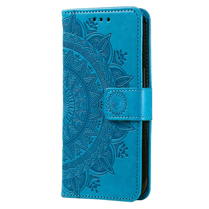 For Samsung Galaxy A37 5G Stand Case Imprinted Totem PU Leather Wallet Phone Cover with Wrist Strap - Blue - 5