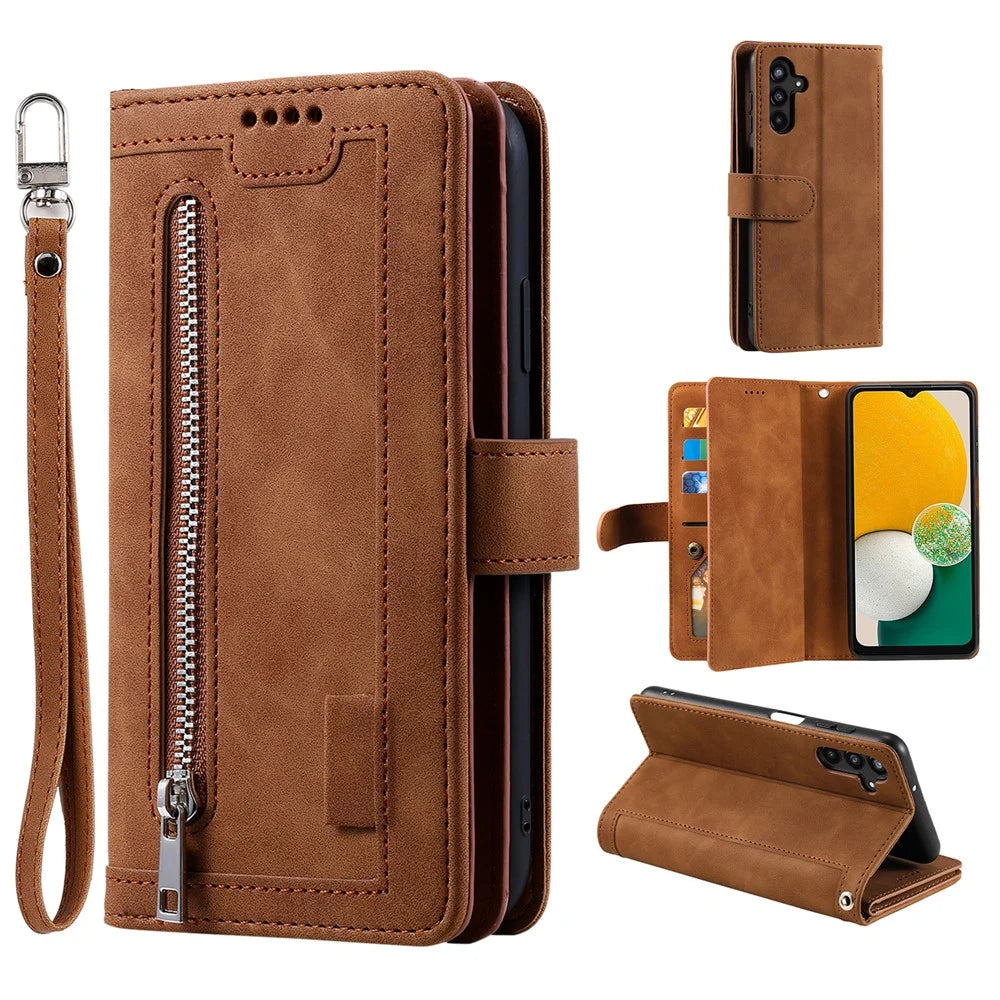 For Samsung Galaxy A37 5G Case 9 Card Slots Zipper Wallet PU Leather Phone Cover with Wrist Strap - Brown - 1